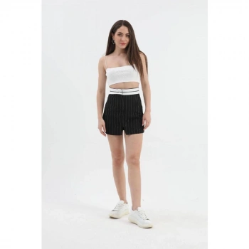 Garni Kemerli Çizgili Atlas Kumaş Şort Etek - Siyah
