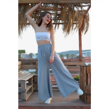 Geniş Kemerli Bol Paça Düz Keten Kadın Pantolon - Gri