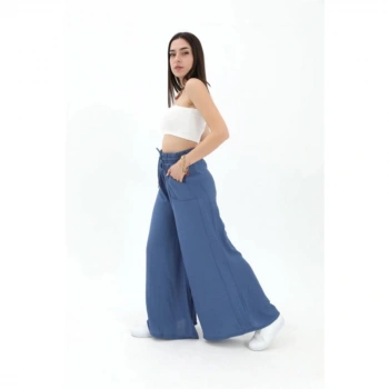 Geniş Kemerli Bol Paça Düz Keten Kadın Pantolon - Mavi