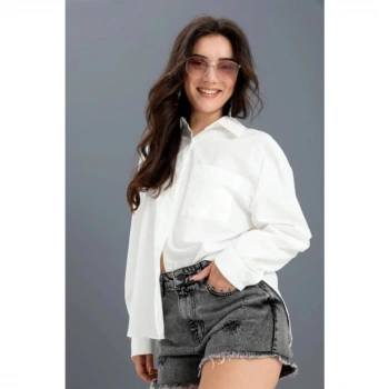 Gömlek Cepli Arkası Zincir Detaylı - Beyaz