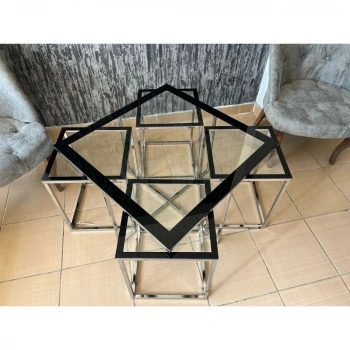 Kare Pizza Sehpa Gümüş Ayak Saydam Tamperli Cam 4+1 Orta Sehpa Zigon