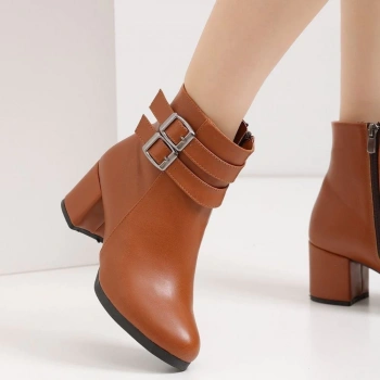 MARİNA ROSSE Kadın Taba Cilt Çift Tokalı Kısa Bot