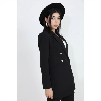 Omuzları Vatkalı Önü Çıtçıtlı Atlas Kumaş Kadın Blazer Ceket - Siyah