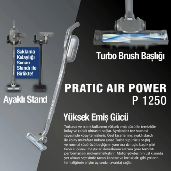 Pratic Aır Power P 1250 Siyah Torbasız Dönebilen Turbo Başlıklı Dikey Süpürge