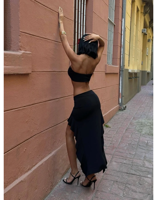 ASİMETRİK ETEK CROP TAKIM SİYAH