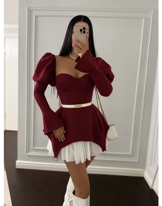 BALON OMUZ DALGIÇ & JESSICA UZUN KOL ELBİSE BORDO