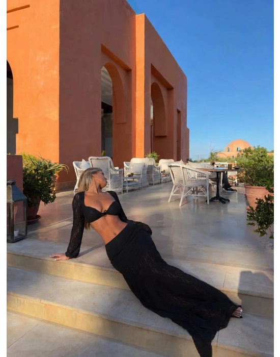 DANTEL UZUN ETEK & BRALET SET SİYAH