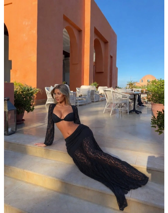 DANTEL UZUN ETEK & BRALET SET SİYAH
