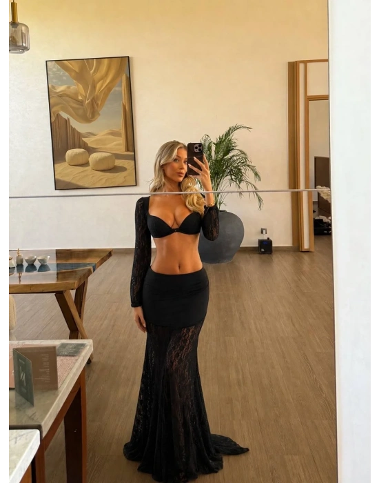 DANTEL UZUN ETEK & BRALET SET SİYAH
