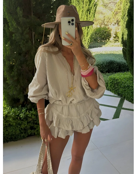 HARLOW YIKAMALI MUSLİN KUMAŞ ŞORTLU ELBİSE BEJ