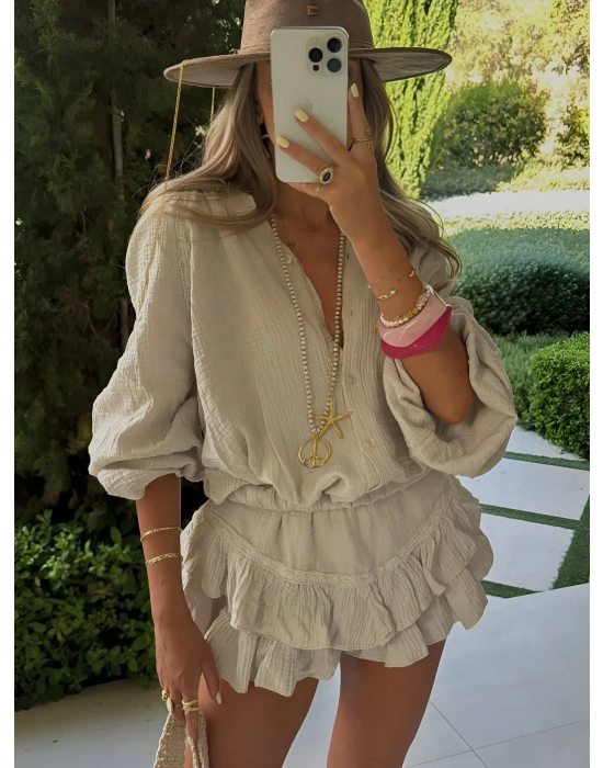 HARLOW YIKAMALI MUSLİN KUMAŞ ŞORTLU ELBİSE BEJ