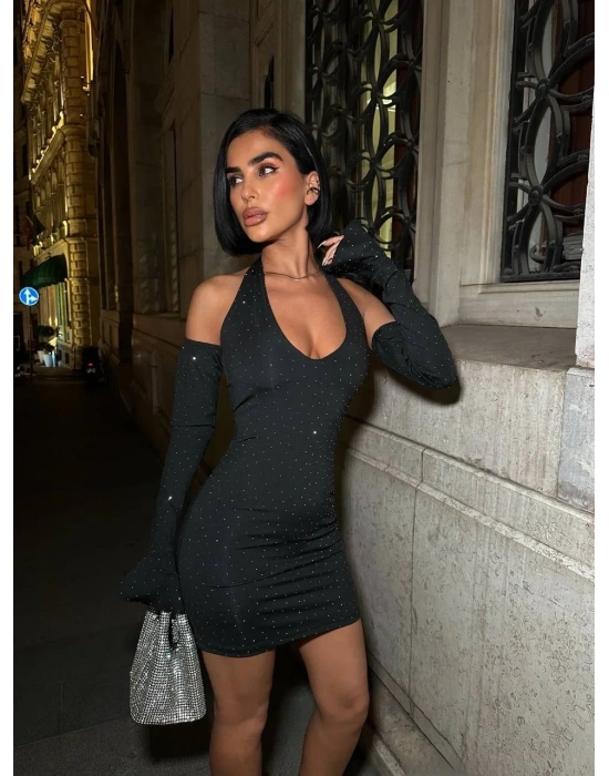 Işıltını Yansıt Full Taş Halter Mini Elbise