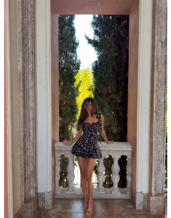 MARİSA CORSET BASKILI ELBİSE SİYAH