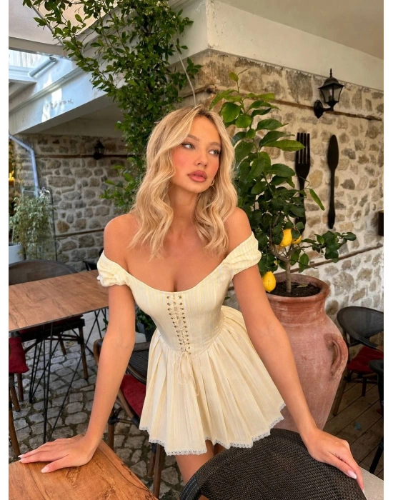MORLİVA ÇİZGİLİ CORSET ELBİSE SARI