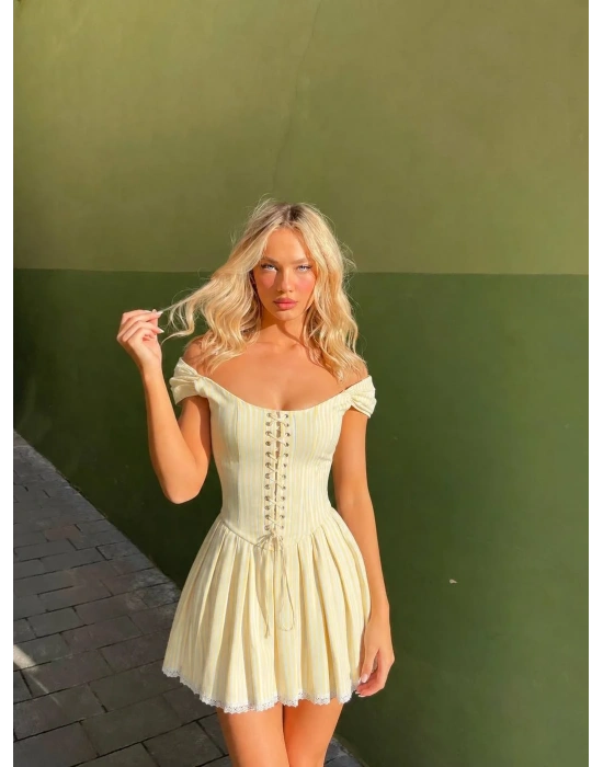 MORLİVA ÇİZGİLİ CORSET ELBİSE SARI