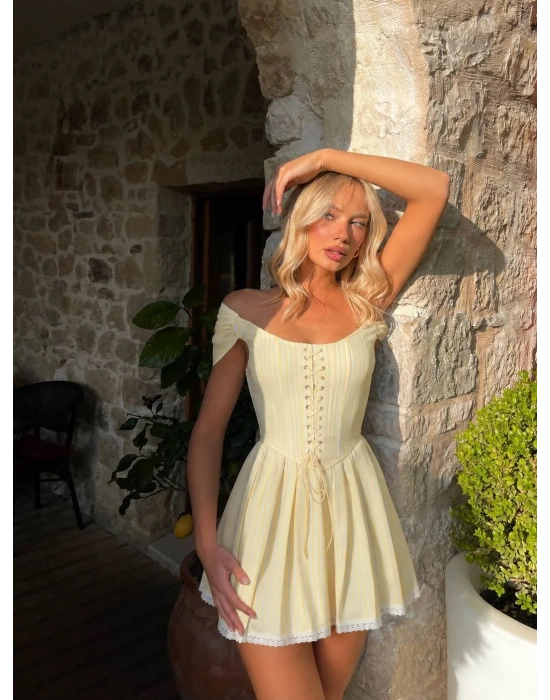MORLİVA ÇİZGİLİ CORSET ELBİSE SARI