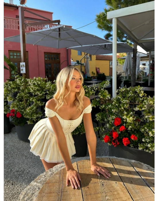 MORLİVA ÇİZGİLİ CORSET ELBİSE SARI