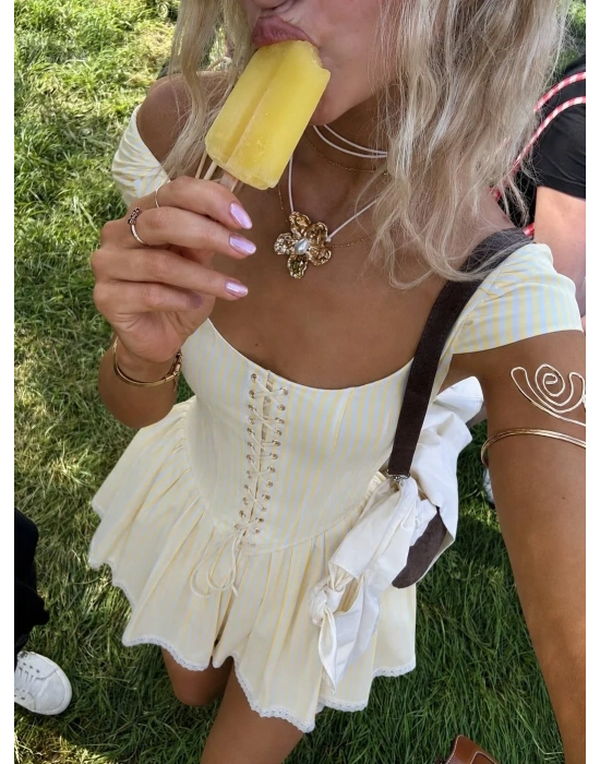 MORLİVA ÇİZGİLİ CORSET ELBİSE SARI
