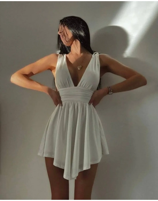 Morliva Şortlu Rahat Kumaş Mini Elbisesi Beyaz 4095