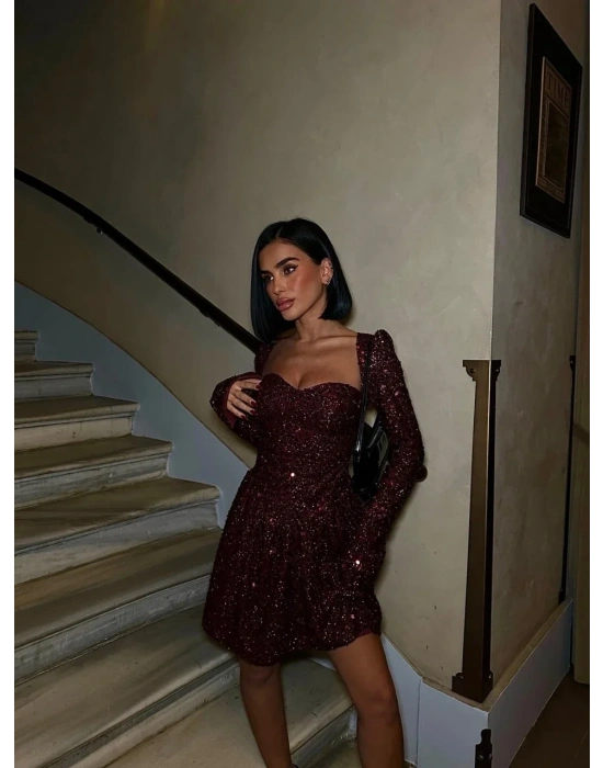PAYET GLOPLU UZUN KOL ELBİSE BORDO