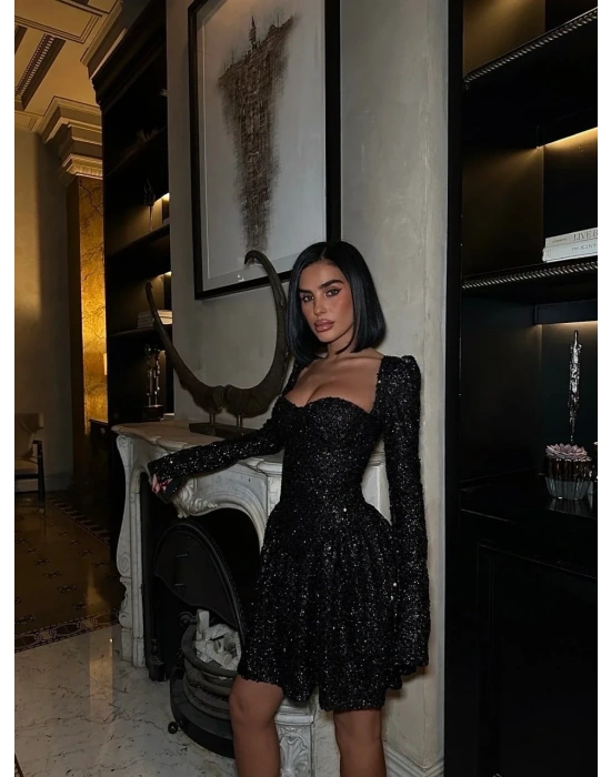 PAYET GLOPLU UZUN KOL ELBİSE SİYAH