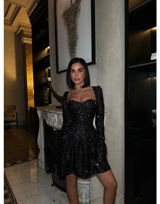 PAYET GLOPLU UZUN KOL ELBİSE SİYAH