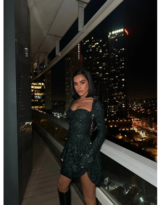 PAYET GLOPLU UZUN KOL ELBİSE YEŞİL