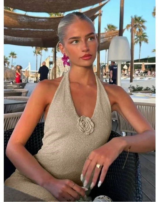 SAMİRA YIRTMAÇLI TRİKO ELBİSE BEJ