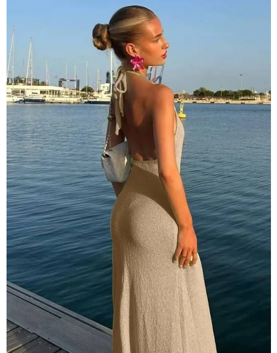 SAMİRA YIRTMAÇLI TRİKO ELBİSE BEJ