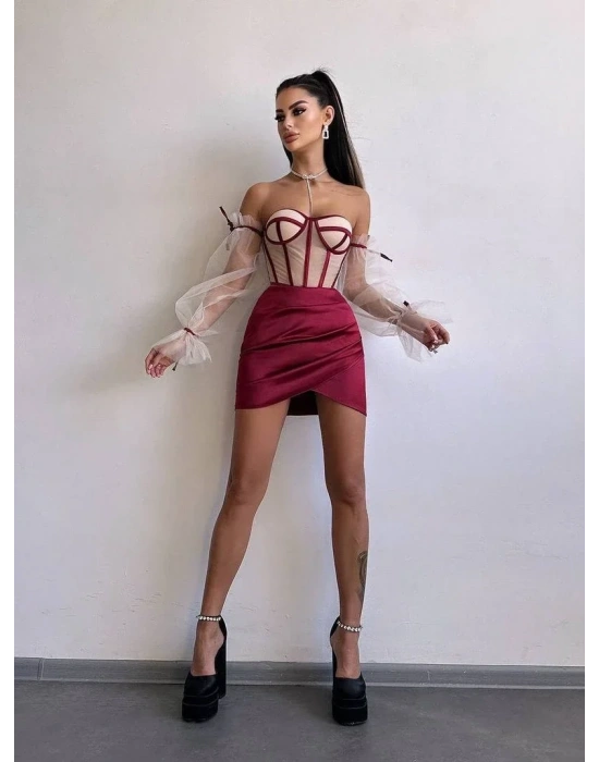 SATEN BÜSTİYER & ETEK SET BORDO