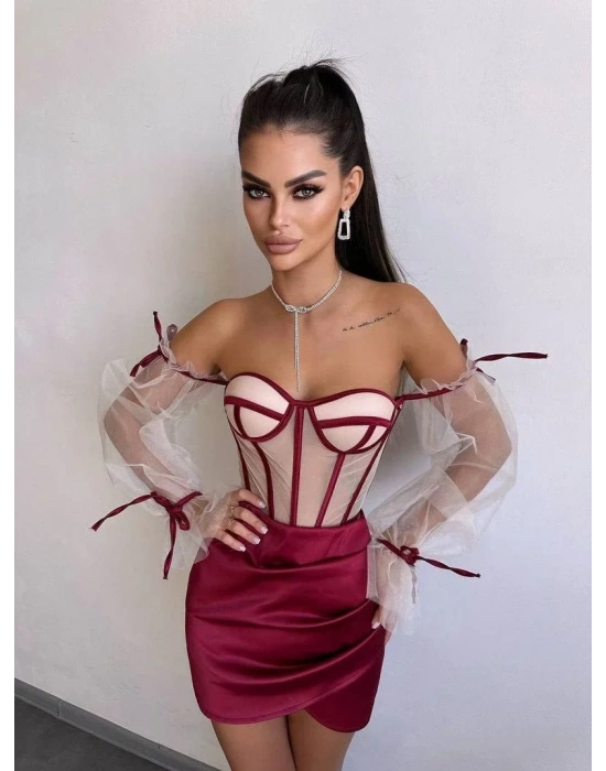 SATEN BÜSTİYER & ETEK SET BORDO