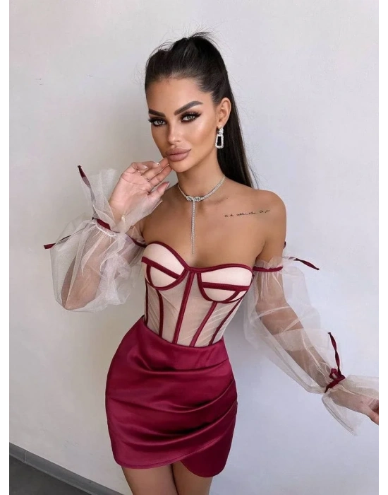 SATEN BÜSTİYER & ETEK SET BORDO