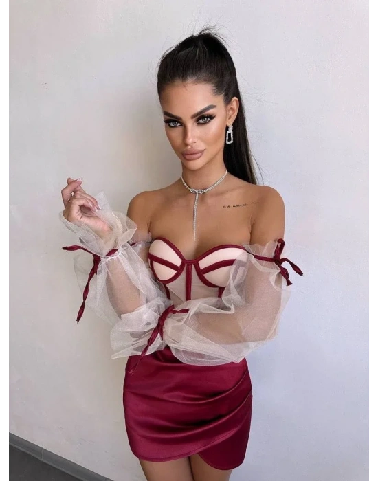 SATEN BÜSTİYER & ETEK SET BORDO