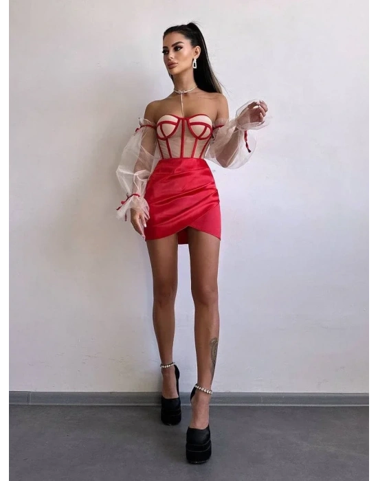 SATEN BÜSTİYER & ETEK SET KIRMIZI