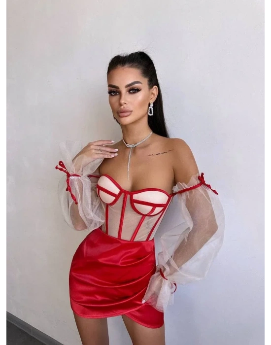 SATEN BÜSTİYER & ETEK SET KIRMIZI