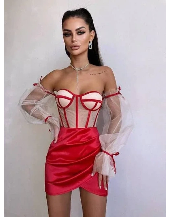 SATEN BÜSTİYER & ETEK SET KIRMIZI