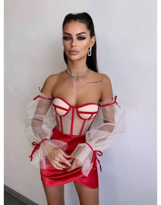 SATEN BÜSTİYER & ETEK SET KIRMIZI