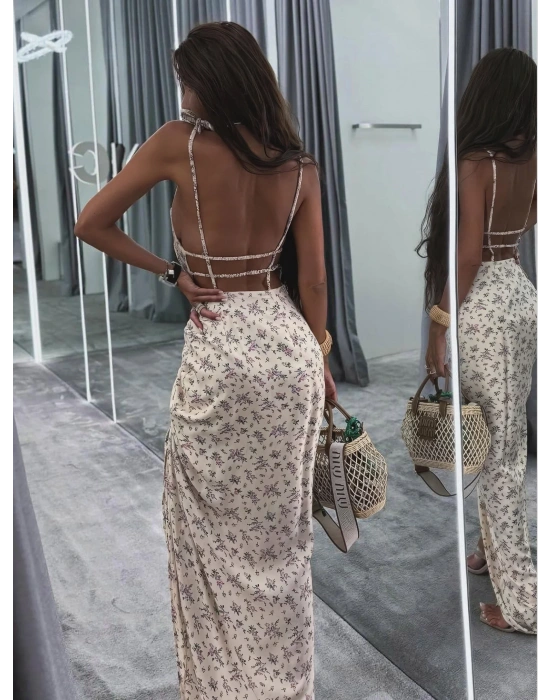 YIRTMAÇLI LASTİK ASKILI ELBİSE BEJ
