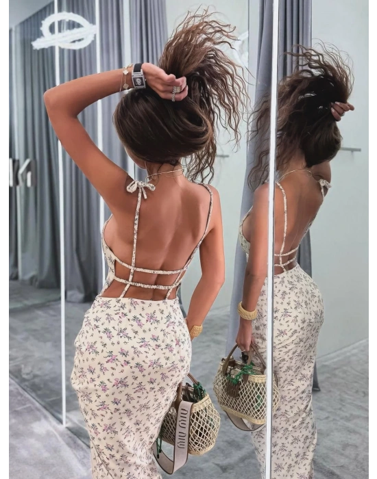 YIRTMAÇLI LASTİK ASKILI ELBİSE BEJ
