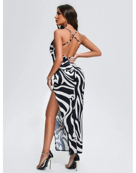 ZEBRA DESEN DANTEL DETAY UZUN ELBİSE ZEBRA