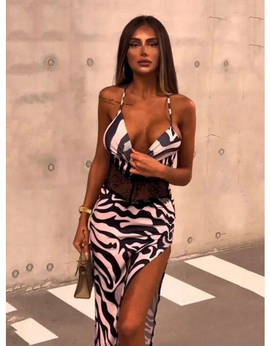 ZEBRA DESEN DANTEL DETAY UZUN ELBİSE ZEBRA