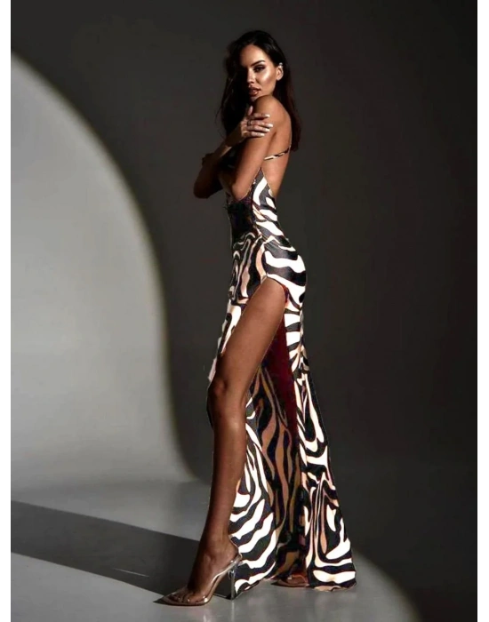ZEBRA DESEN DANTEL DETAY UZUN ELBİSE ZEBRA