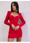 KALP YAKA UZUN KOL ELBİSE KIRMIZI