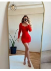KALP YAKA UZUN KOL ELBİSE KIRMIZI