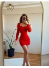 KALP YAKA UZUN KOL ELBİSE KIRMIZI