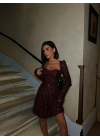 PAYET GLOPLU UZUN KOL ELBİSE BORDO