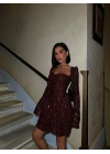 PAYET GLOPLU UZUN KOL ELBİSE BORDO