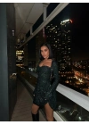 PAYET GLOPLU UZUN KOL ELBİSE YEŞİL