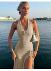 SAMİRA YIRTMAÇLI TRİKO ELBİSE BEJ