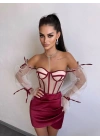 SATEN BÜSTİYER & ETEK SET BORDO